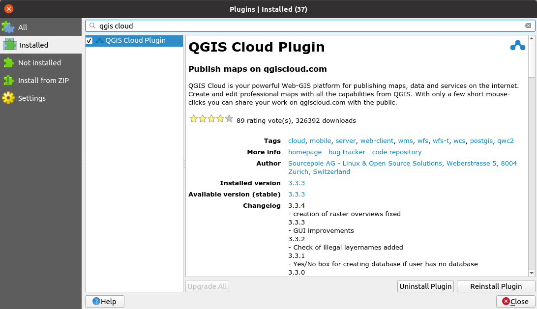 instalar el plugin *QGIS Cloud*
