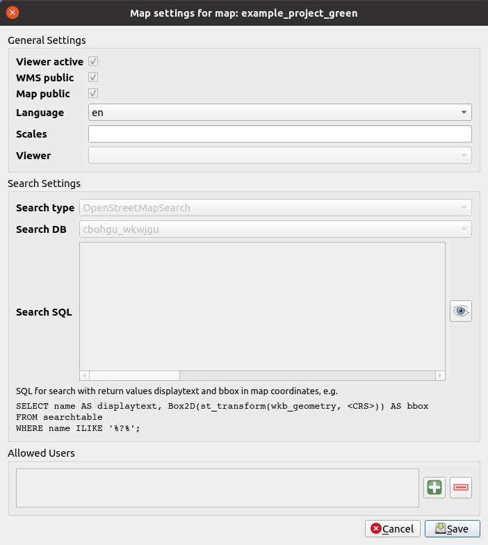opciones de configuración de un mapa en *QGIS Cloud Free*